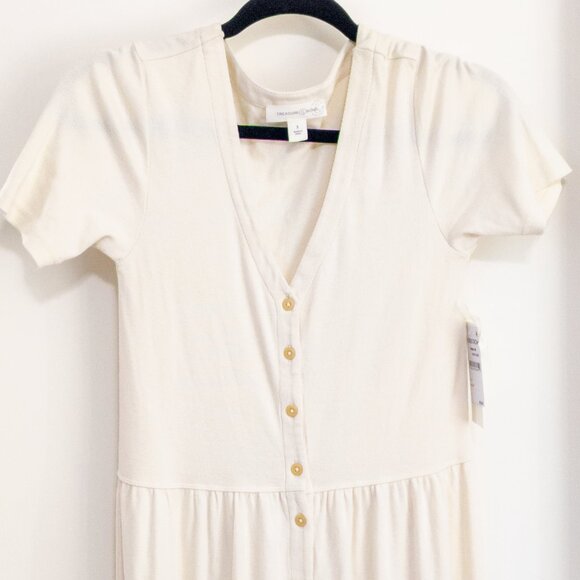 TREASURE & BOND Button Front Rib Dress In Ivory Dove Womens Sz. Small V-Neck NWT - Picture 3 of 5